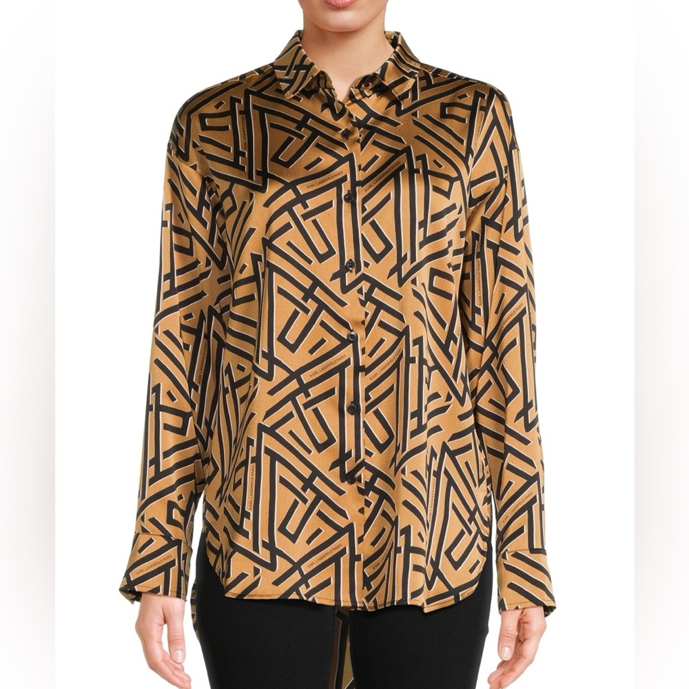 Karl Lagerfeld Abstract High Low Satin Button Down Shirt